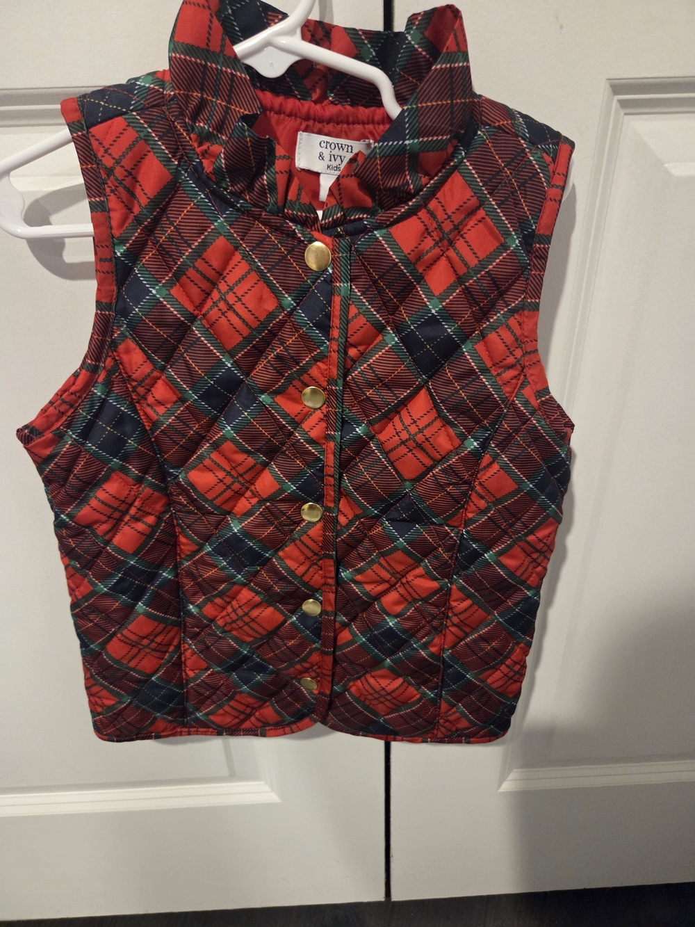 crown & ivy Red and Green Plaid Quilted Vest with Gold Buttons